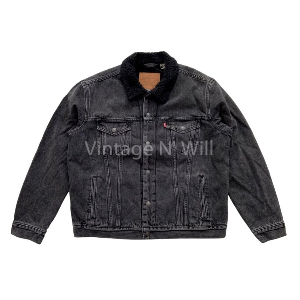Levis Premium Red Tab Mens Black Acid Wash Denim Jean Sherpa Trucker Jacket
